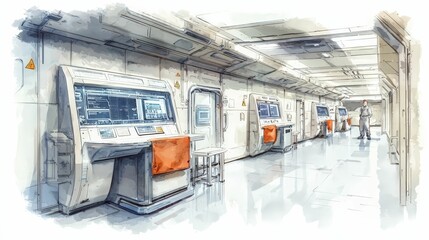 A modern underground control room featuring high-tech terminals and industrial interior design, captured in detailed watercolor art. The scene includes multiple computer stations with advanced display