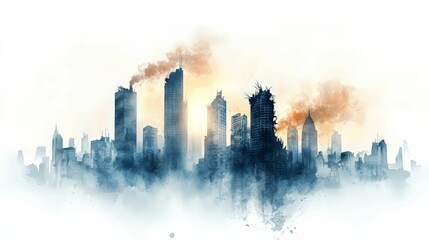 Fototapeta premium Ruined city skyline featuring crumbling skyscrapers and a smoky atmosphere in a post-apocalyptic world, illuminated by the sunrise