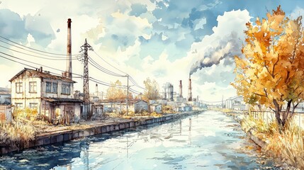 Fototapeta premium Industrial landscape featuring a polluted canal with smoking chimneys in the background, surrounded by autumn trees and power lines under a bright sky