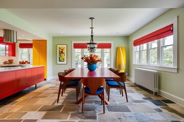 Bright Dining Area with Natural Stone Floors and Bold Hues