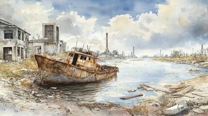 Naklejka premium Rusty abandoned boat on the shore of a polluted river, surrounded by decaying industrial buildings and debris, under a partly cloudy sky