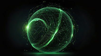 Abstract green energy sphere of particles and waves of magical glowing on a dark background.