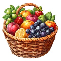 A basket filled with fresh apples, grapes, strawberries, and a vibrant lemon sits invitingly.