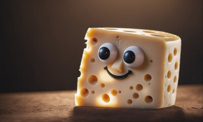 A smiling piece of Swiss cheese with googly eyes sits on a wooden table