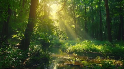 Fototapeta premium A tranquil forest bathed in dappled sunlight, with birds singing in the trees and a gentle stream meandering through the undergrowth, creating a scene of serenity and euphoria.