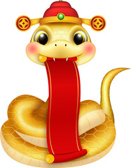 Cartoon cute golden snake and blank Chinese retro red reel