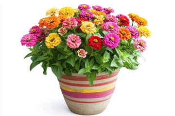 A vibrant flower pot filled with colorful zinnias, enhancing any indoor or outdoor space.