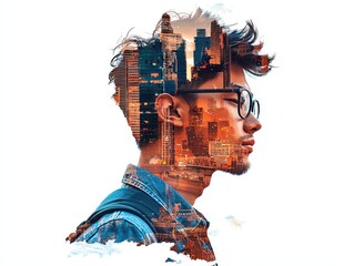 Obraz premium AI algorithm trading, Double exposure silhouette with Financial