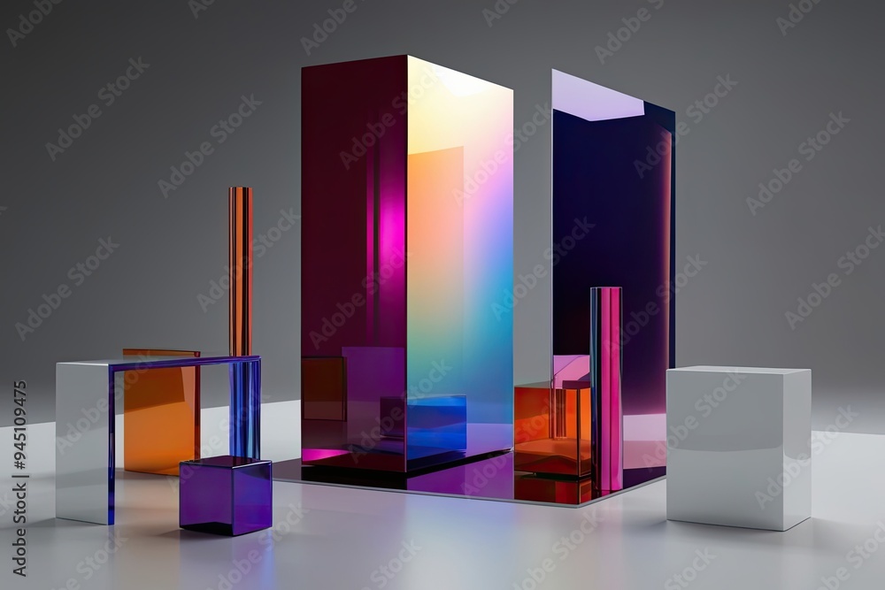 Poster 3d rendered abstract geometric shapes with dispersion spectrum and glossy minimalist design