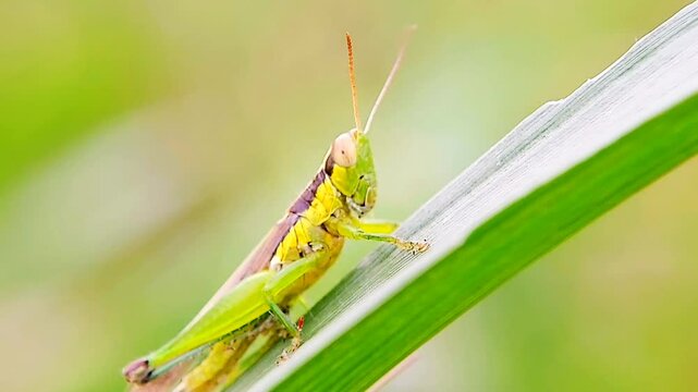 Rice grasshopper - Close up detail of green grasshopper perched on a leaf.