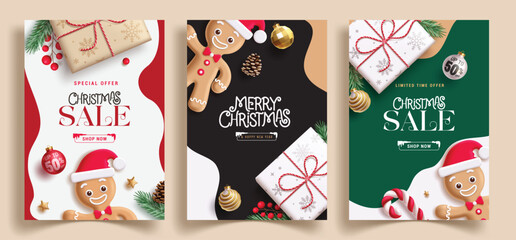 Christmas sale text vector set design. Christmas promotion discount offer flyers collection with ginger bread, xmas balls and gift box decoration elements. Vector illustration sale banner design. 
