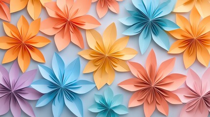 Colorful paper flowers in various shapes and sizes, creating a vibrant and decorative background for artistic projects.