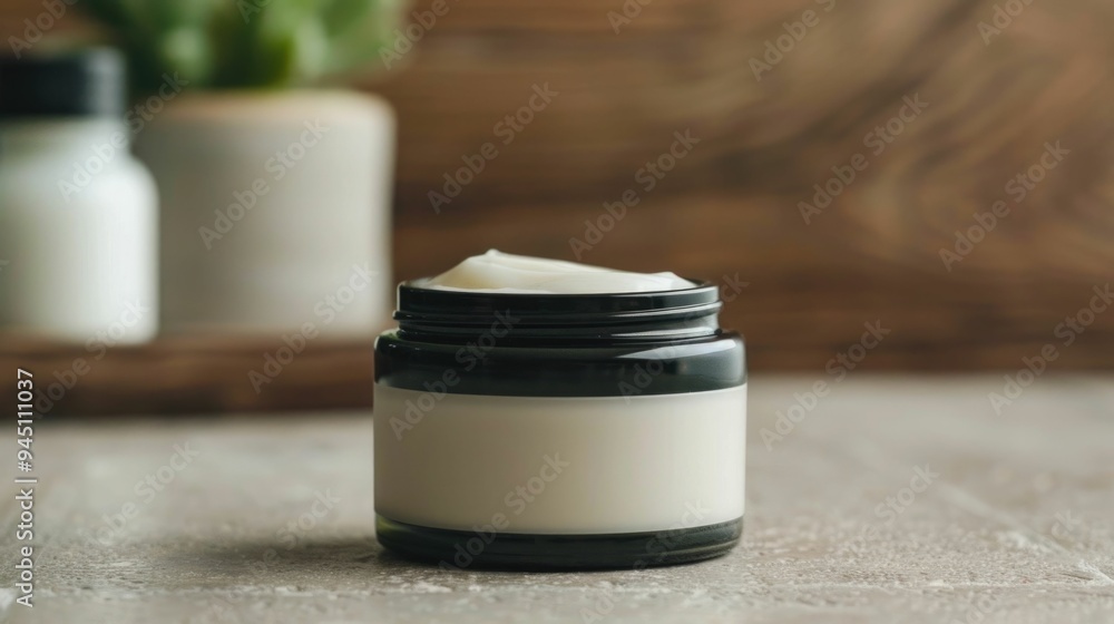 Poster close up of a post shave balm or moisturizer product in a glass or ceramic container displayed on a 