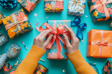 Fototapeta premium person is holding a gift with a bow on it, and there are other gifts in the background. Scene is festive and joyful, as it is a gift-giving occasion