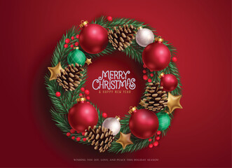 Fototapeta premium Christmas wreath red vector design. Merry christmas and happy new year greeting text in chaplet garland, xmas balls, spruce and gold stars elements. Vector illustration wreath xmas design. 