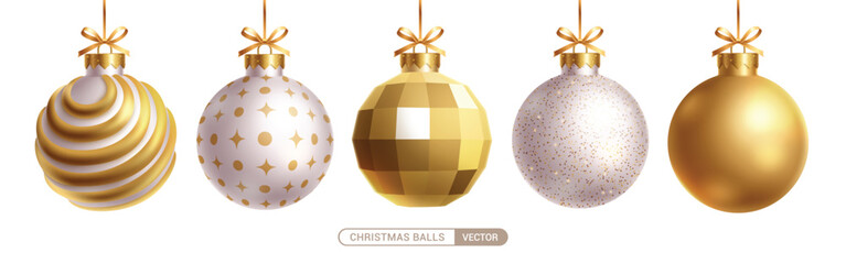 Christmas balls gold vector set design. Christmas elegant ball in embossed pattern, shiny, silver glitter and glossy round bauble hanging isolated in white background. Vector illustration 3d ornaments