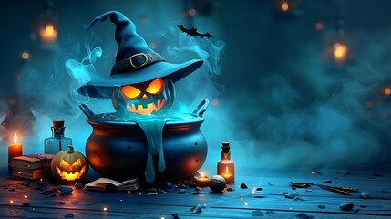 A detailed paper-crafted witch's cauldron bubbling with bright green potion, surrounded by floating potion bottles, spell books, and a witch's hat, set against a foggy, moonlit background,
