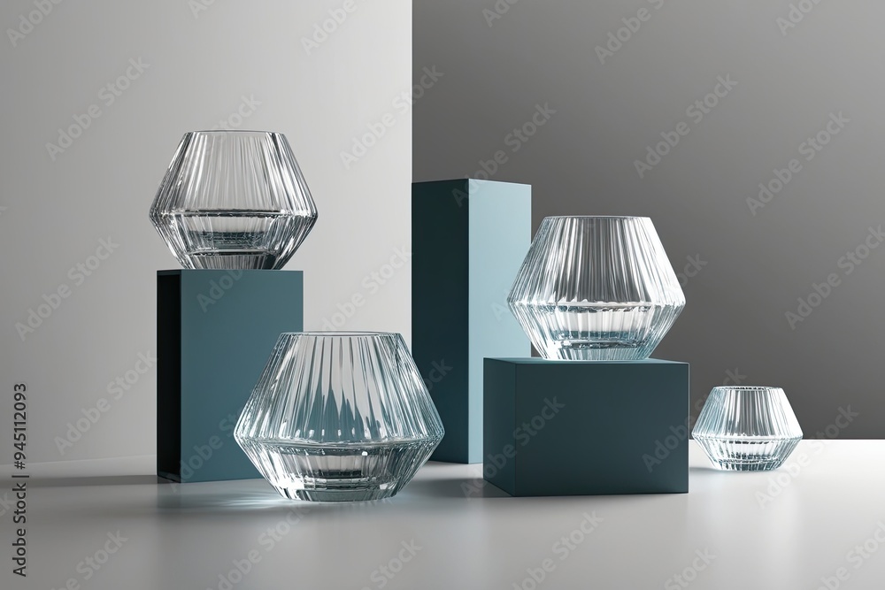 Poster modern 3d artwork featuring angular shapes and shiny glass objects on a minimalist background