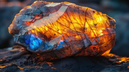 A close-up photograph of a labradorite crystal, showcasing its iridescent beauty.