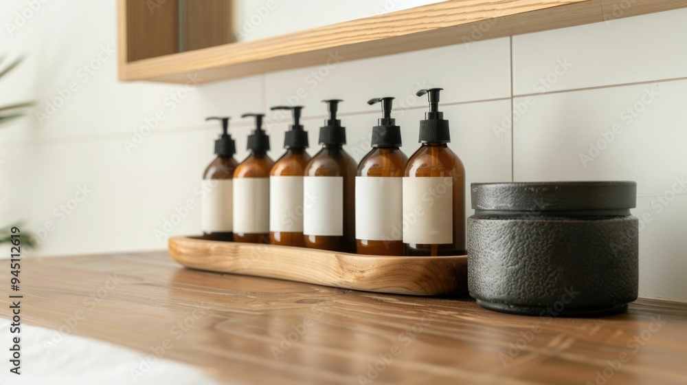 Poster an arrangement of various grooming and styling products neatly displayed on a wooden vanity shelf cr