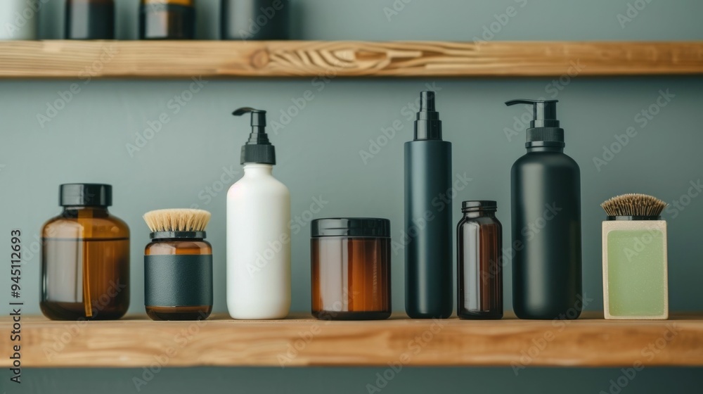 Poster neatly arranged men s grooming and styling products such as bottles jars and brushes displayed on a 