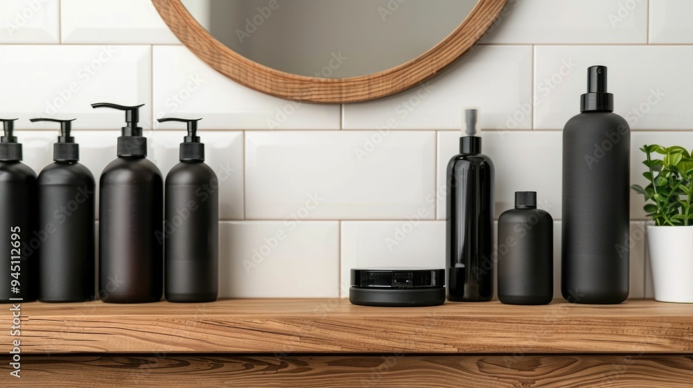 Poster stylish vanity displaying an array of men s grooming and styling products including bottles containe