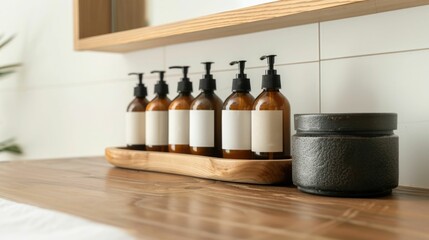An arrangement of various grooming and styling products neatly displayed on a wooden vanity shelf creating a stylish and organized bathroom setting