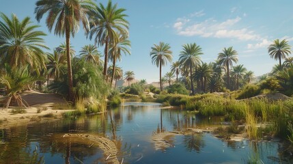 Obraz premium A tranquil oasis in the heart of the desert, with palm trees swaying in the breeze and the sound of trickling water providing relief from the heat.
