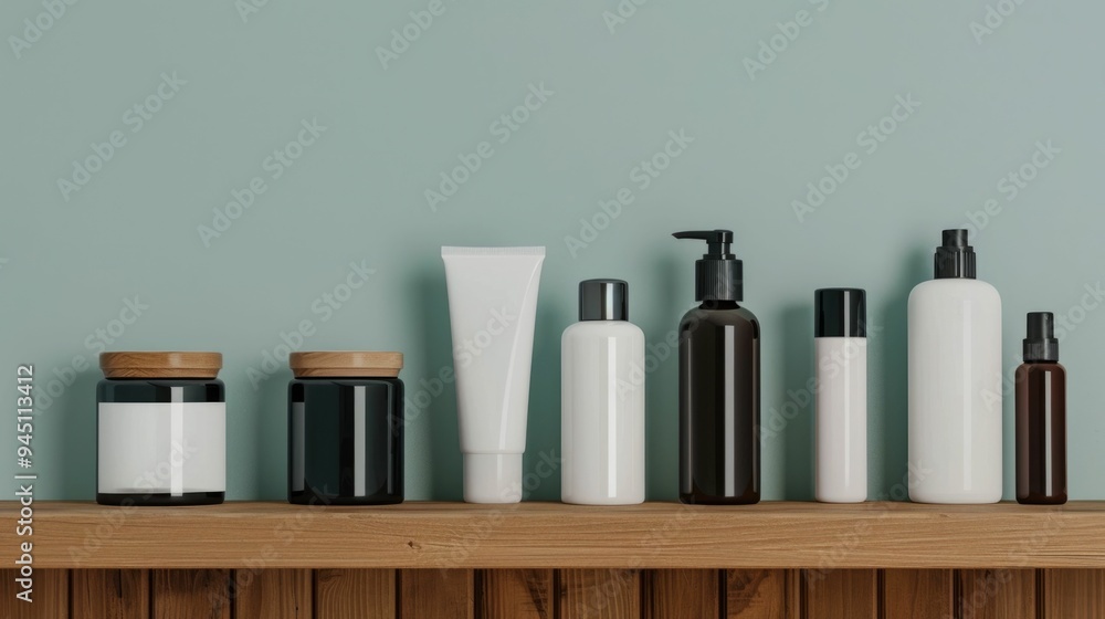 Poster Elegant arrangement of various men s luxury skincare and grooming products including bottles jars and containers neatly displayed on a wooden shelf  The deep depth of field and clean