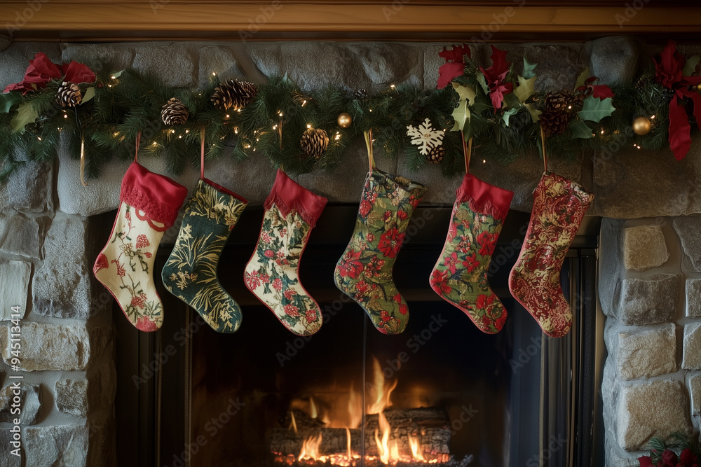 Poster row of christmas stockings hanging from a fireplace mantle. the stockings are of different colors an