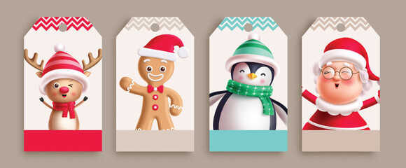Christmas characters gift tags vector set design. Characters gift card collection like mrs claus, reindeer, ginger bread and penguin cute mascot holiday tags. Vector illustration seasonal tags 