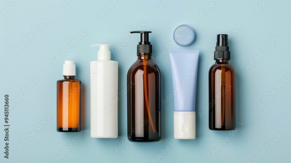 Poster minimal flat lay composition of various men s daily and skincare products including bottles jars and