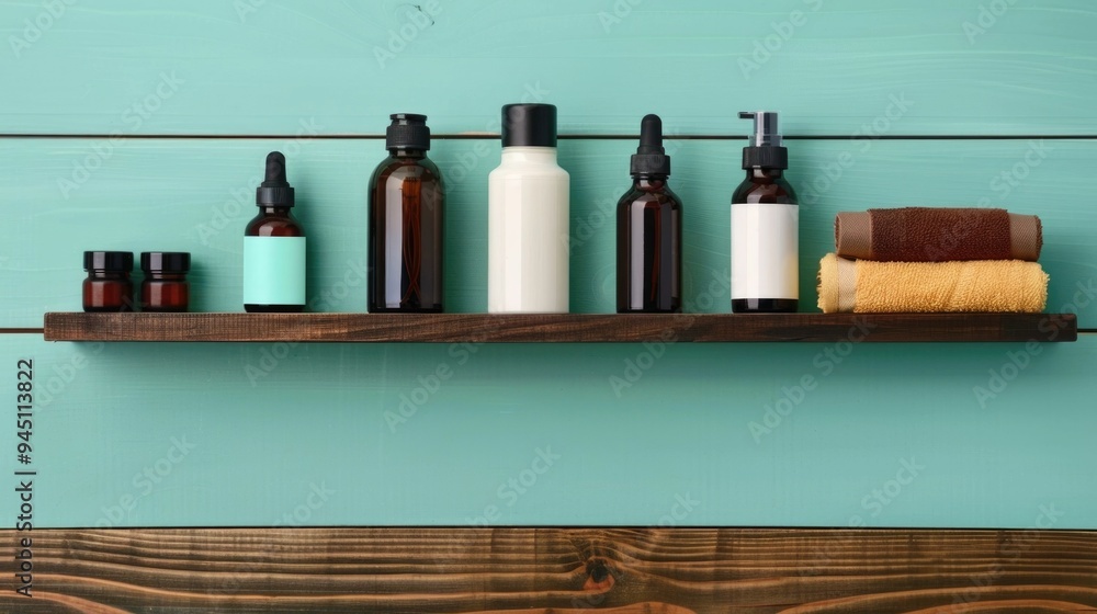 Poster organized display of men s daily and skincare routine products on wooden shelf with various bottles 