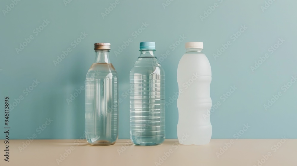 Poster closeup of various water bottles and products arranged in a minimalist studio setting showcasing dai