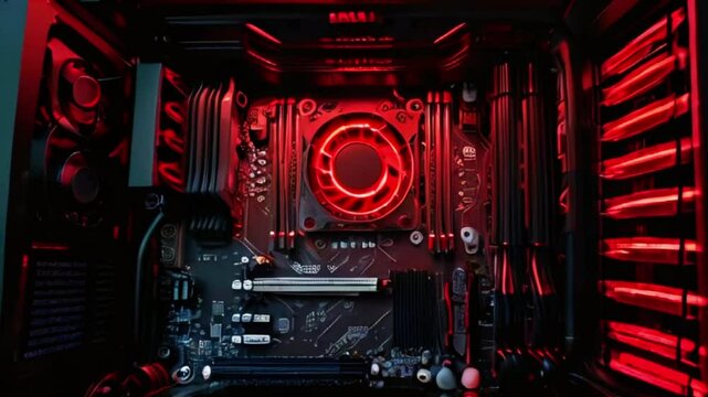 Open computer case with red LED lights, motherboard, and cooling fans.