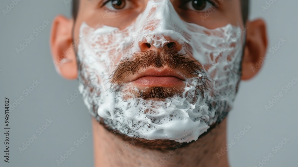 Poster closeup of a man shaving his face with a precision razor in front of a mirror creating a shallow dep