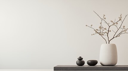 A minimalist arrangement featuring a vase with branches and decorative stones on a shelf.
