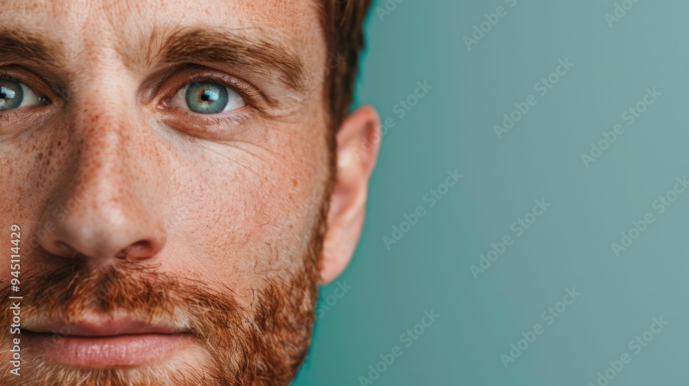 Poster closeup portrait of a handsome rugged looking man with a beard applying skin brightening serum and c