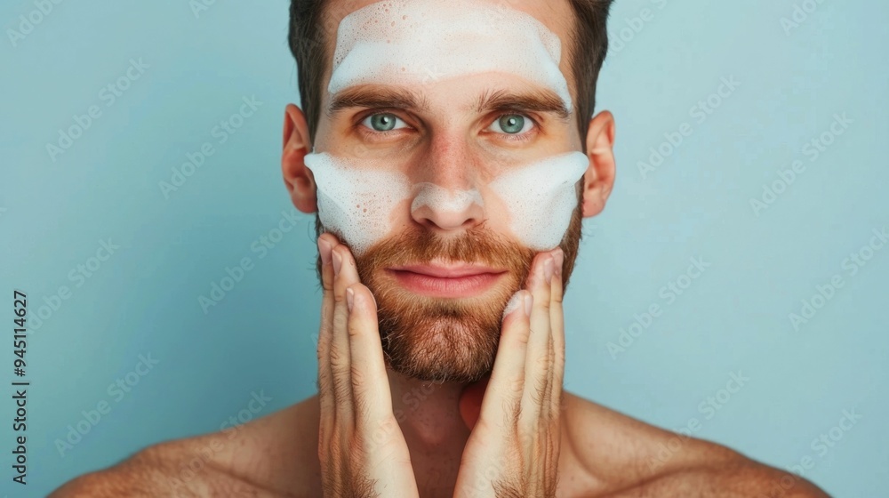 Poster close up portrait of a man s face showing acne treatment products like creams lotions and serums in 