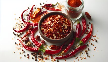 dried red chili pepper flakes and seeds isolated on white background