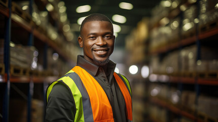 generated illustration of black African worker man, blurred warehouse background
