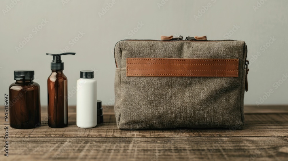 Poster minimalist and masculine cosmetic bag essentials such as bottles containers and other grooming items