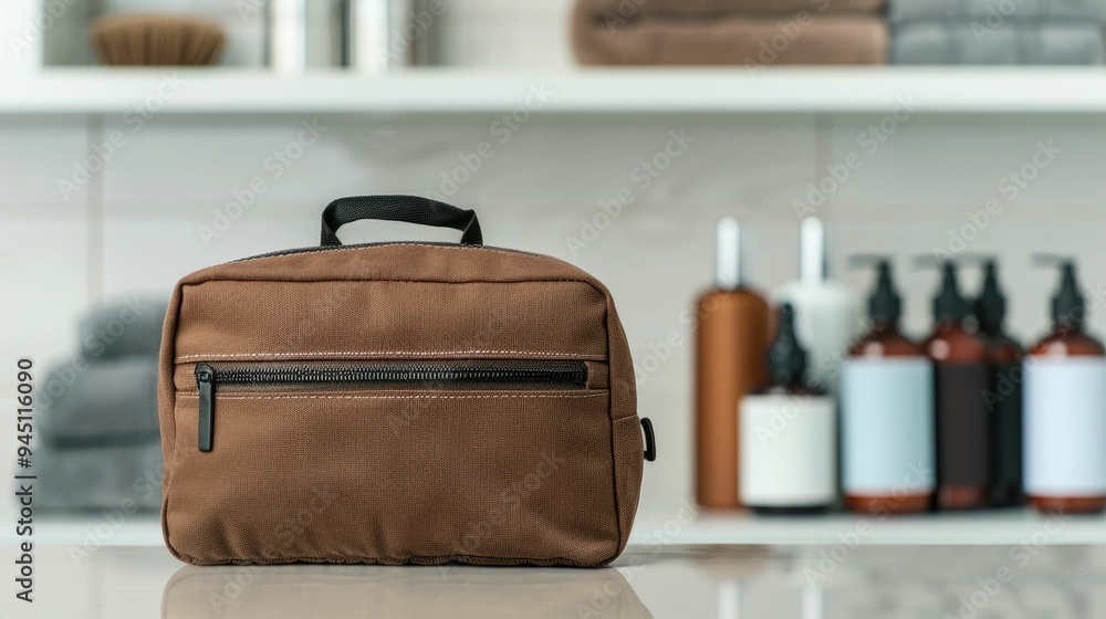 Poster leather cosmetic bag with essentials such as grooming products toiletries and personal care items di