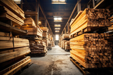 generated illustration of piles of fresh white oak planks stacked in the warehouse.