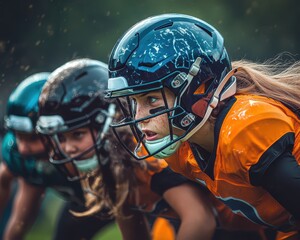 Girls in football uniforms, breaking through defensive line, powerful action shot, American football girls, Competition, intensity, action