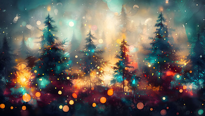 Naklejka premium Abstract digital painting of Christmas pine trees with colorful lights, featuring a blurred background, bokeh effect, glitter, and sparkles. Holiday themed watercolor forest of Christmas trees.