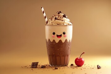 A cheerful chocolate milkshake topped with whipped cream, a cherry, and chocolate shavings.