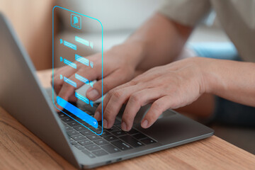 User use a laptop computer with technology smart robot AI chatbot for chat. Artificial intelligence...