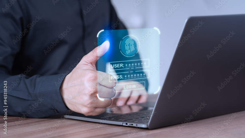 Poster Cyber ​​security and digital data protection technology concept. User login with fingerprint scanning technology in the laptop. User privacy security and protect personal data internet network