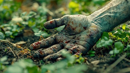Fototapeta premium A Bloody Hand Resting in Foliage